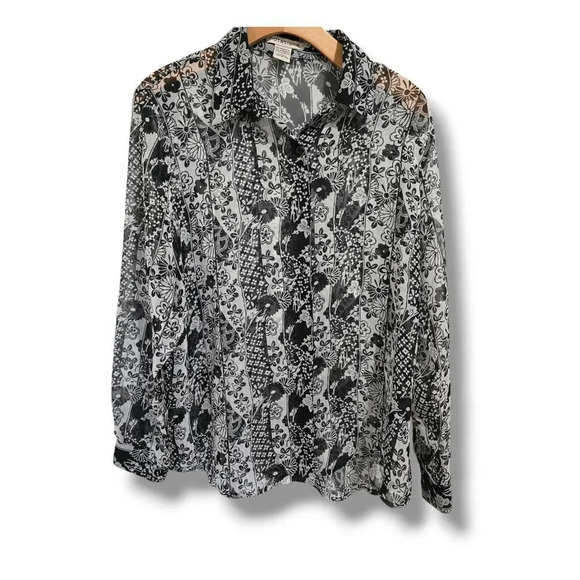 Notations Women's black white floral semi-sheer button-down Blouse- large - Picture 1 of 8